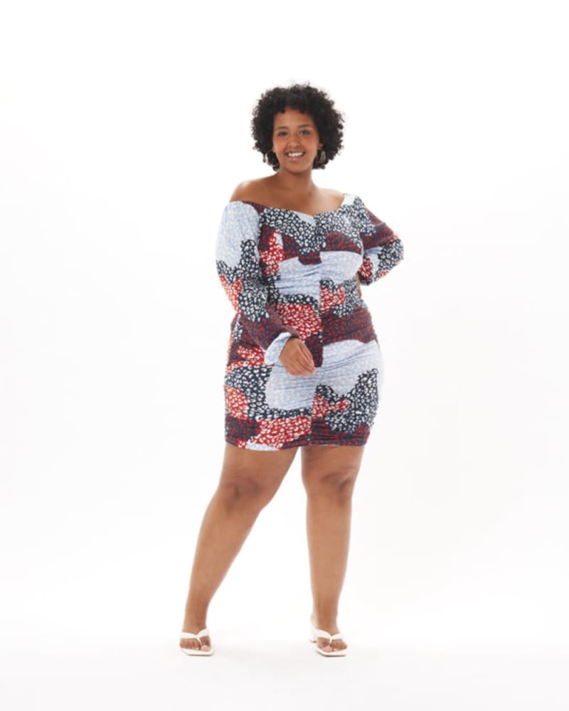 Front of a model wearing a size 5X Ana Ruche Dress in Multi Animal in Cornflower Blue by What Lo Wants. | dia_product_style_image_id:273962